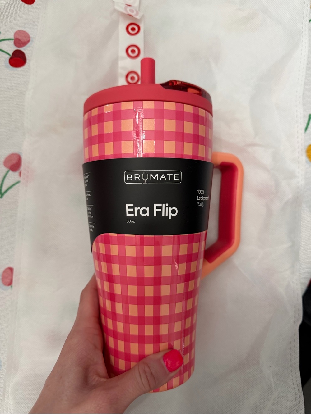 BrüMate Era Flip 30oz Tumbler - Pink & Coral Gingham